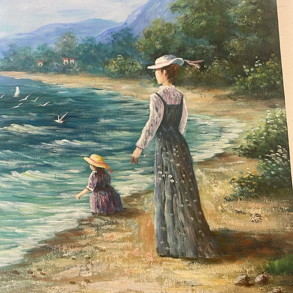 original oil painting signed B.Poulson artwork mother daughter beach - Picture 3 of 8